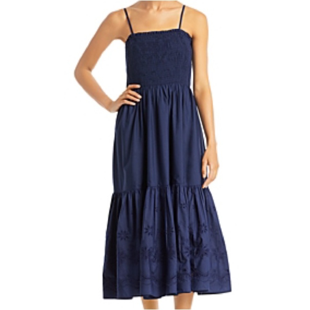 Aqua navy blue sleeveless smocked eyelet dress size medium